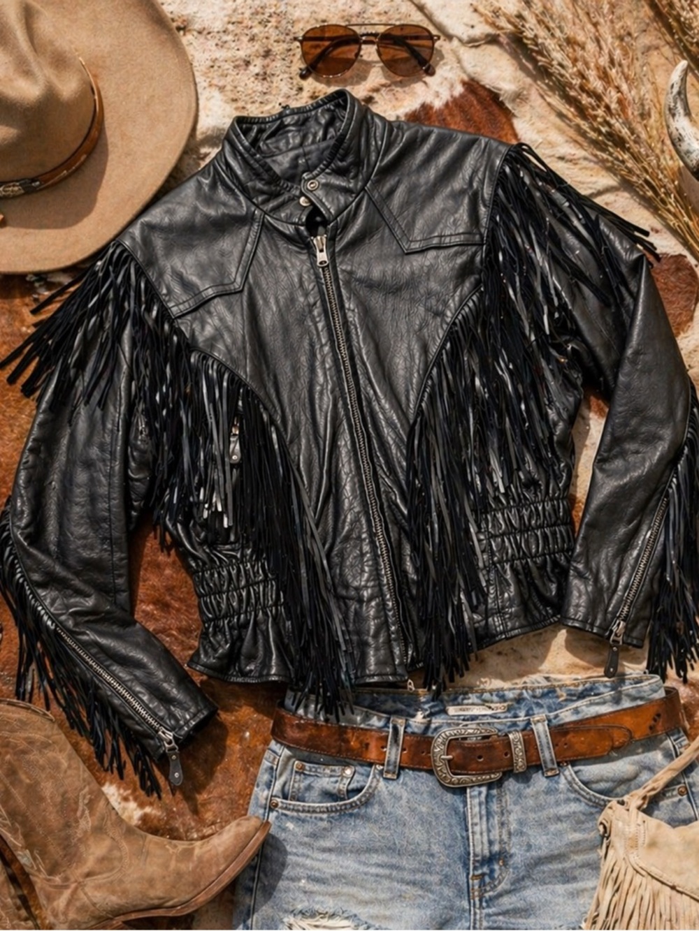 Unik Vintage Biker 80’s Fringe Leather Jacket Black Size M removable liner